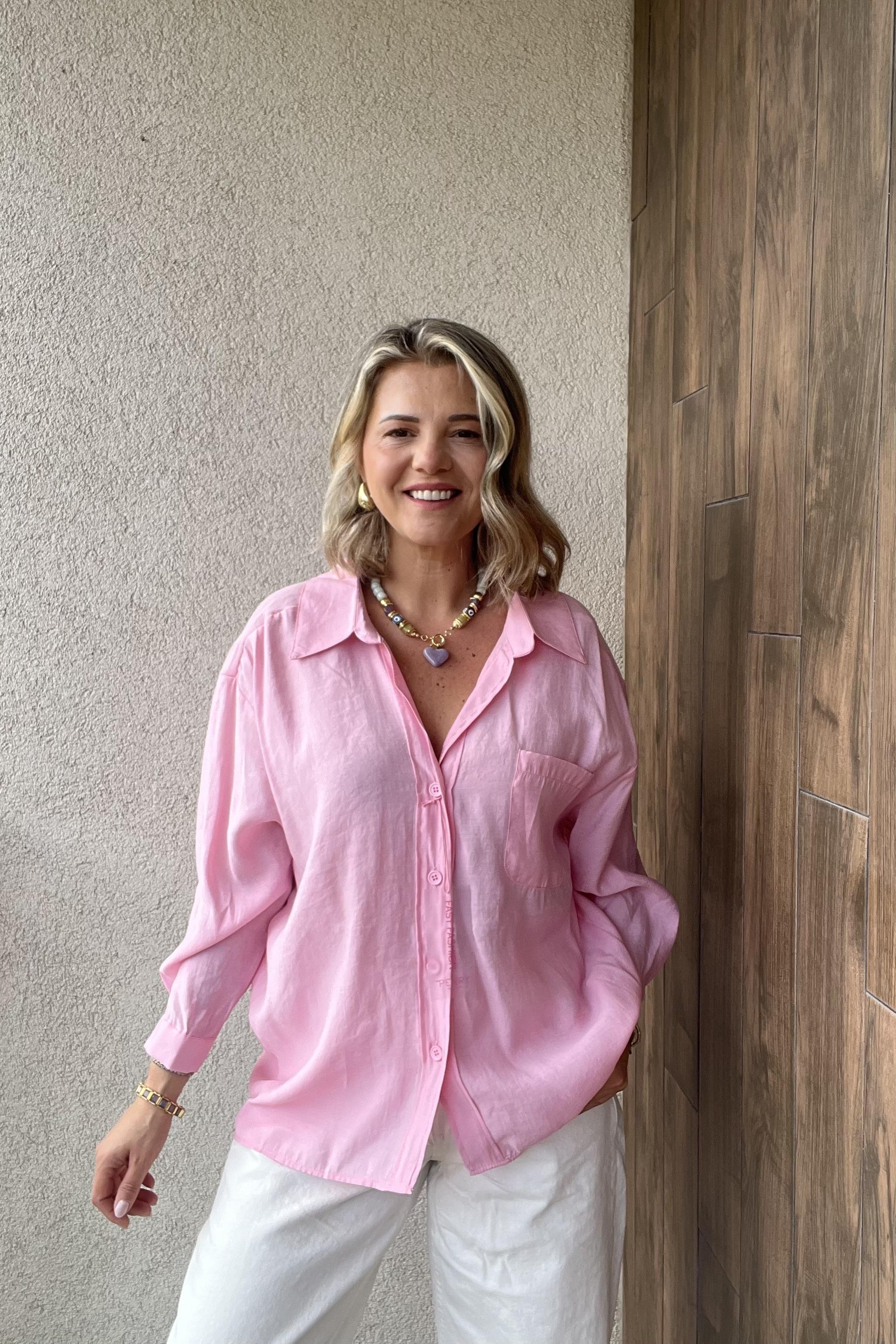 OMUZU DÜŞÜK OVERSİZE GÖMLEK - Pembe 