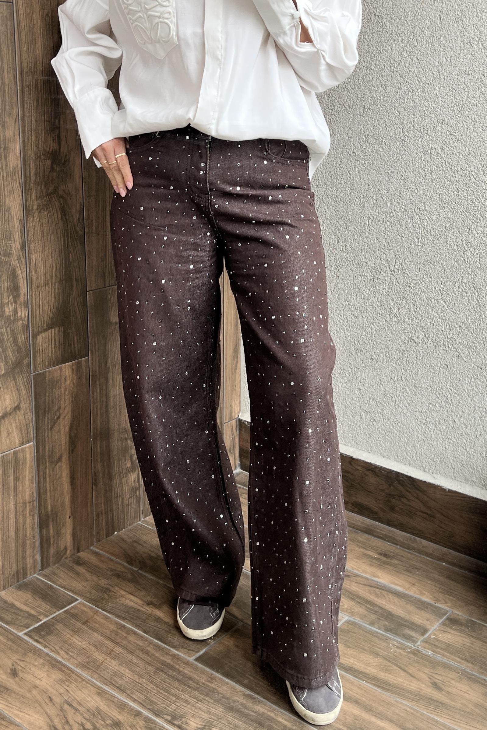 PREMİUM KALİTE TAŞ İŞLEMELİ KAHVE JEAN PANTOLON