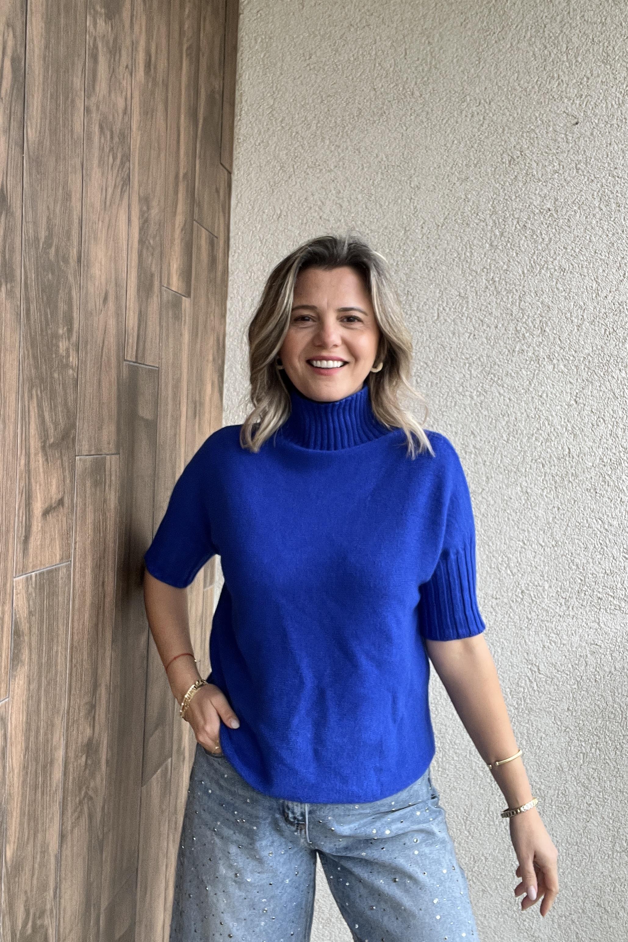 SAKS MAVİ BALIKÇI YAKA KISA KOL İTALYAN KAZAK