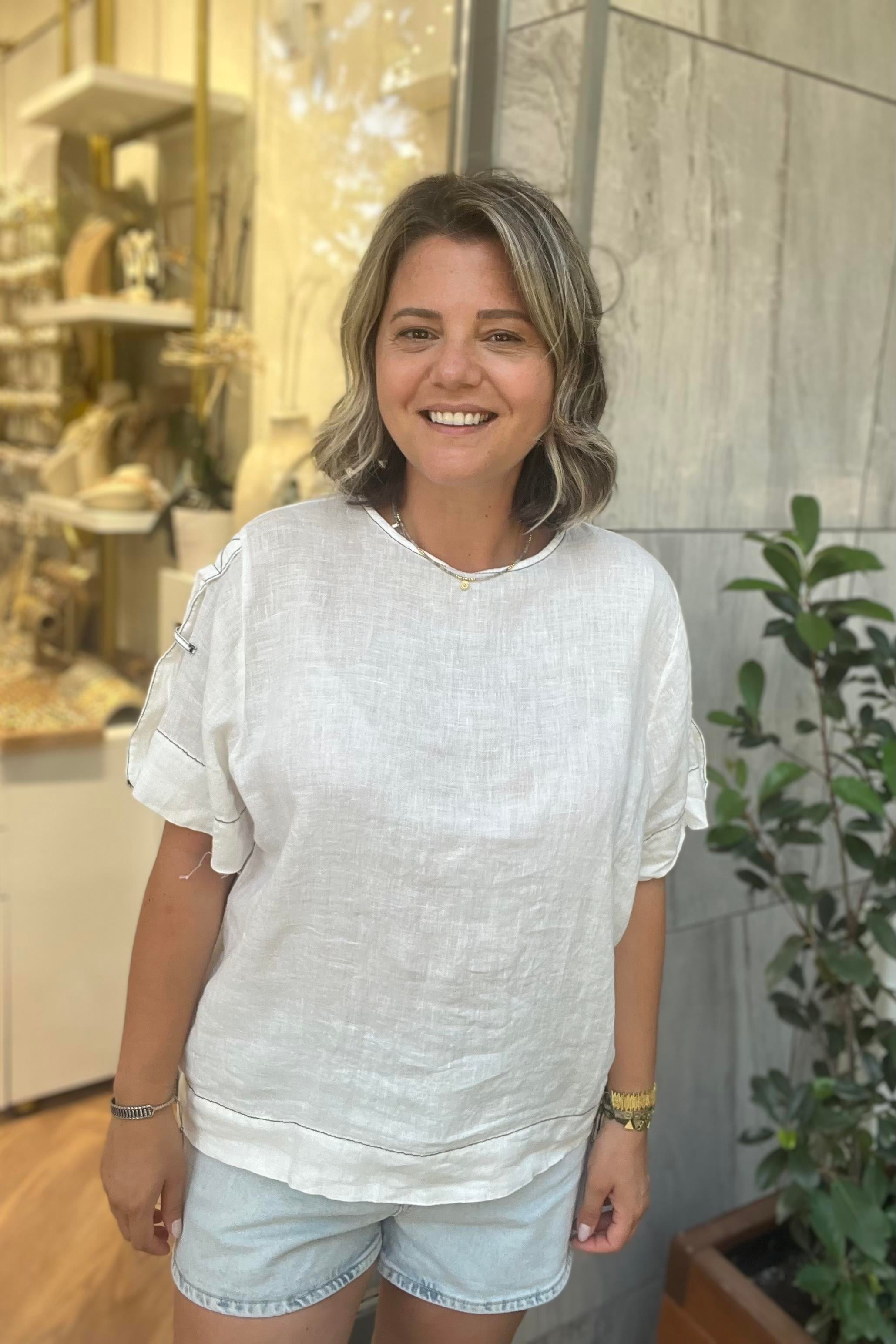 SİYAH BİYELİ BEYAZ KETEN BLUZ