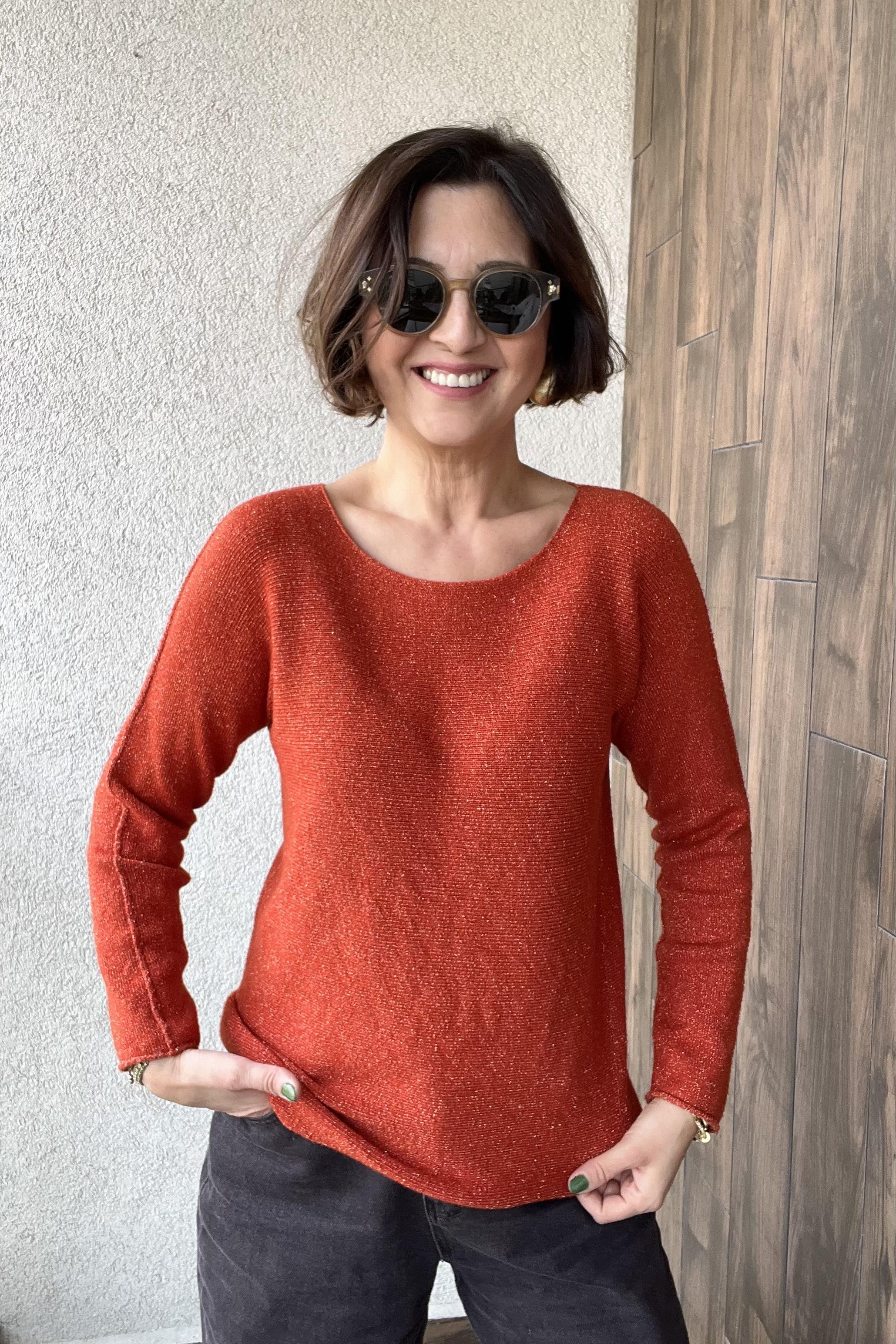 YUVARLAK YAKA SİMLİ TURUNCU İTALYAN KAZAK