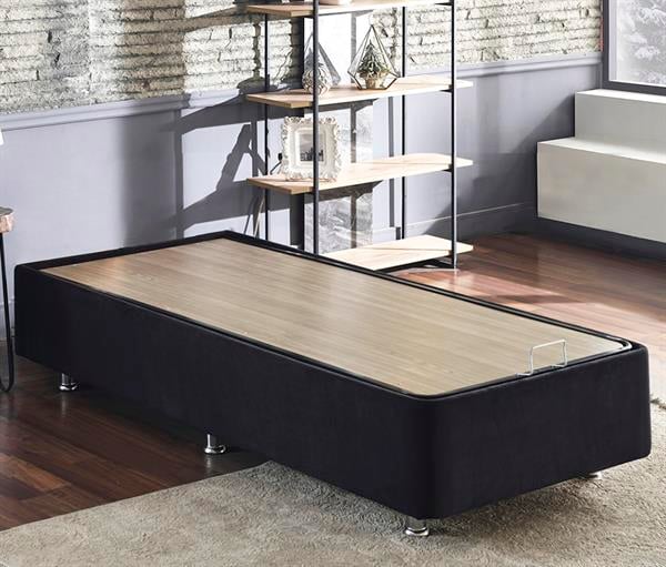 Niron Ela Baza - 90x200 cm Tek Kişilik Sandıklı Siyah Kumaş Baza Silinebilir Soho Kumaş