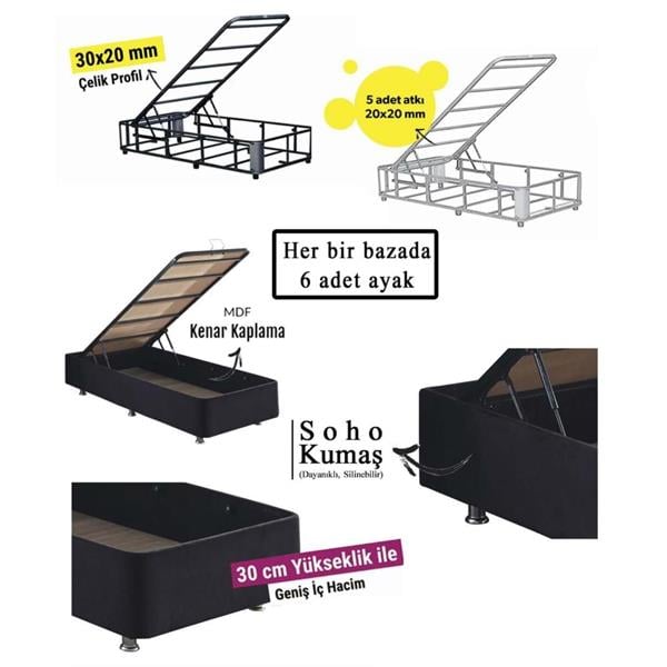 Niron Ela Baza -200x200 cm Çift Kişilik Sandıklı Siyah Kumaş Baza Silinebilir Soho Kumaş