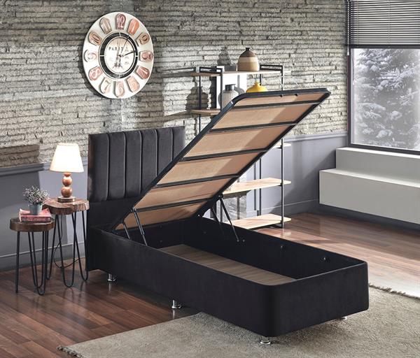 Niron Juliette 80x180 cm Tek Kişilik Yatak Baza Başlık Takımı - Siyah Kumaş Lüks Yatak Seti
