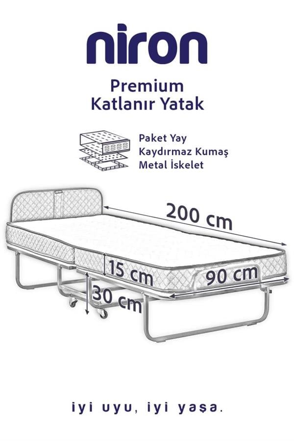 Niron Premium Katlanır Yatak 90x200 cm Paket Yaylı Lüks Yatak ve Kaydırmaz Kumaş Kaplı Karyola