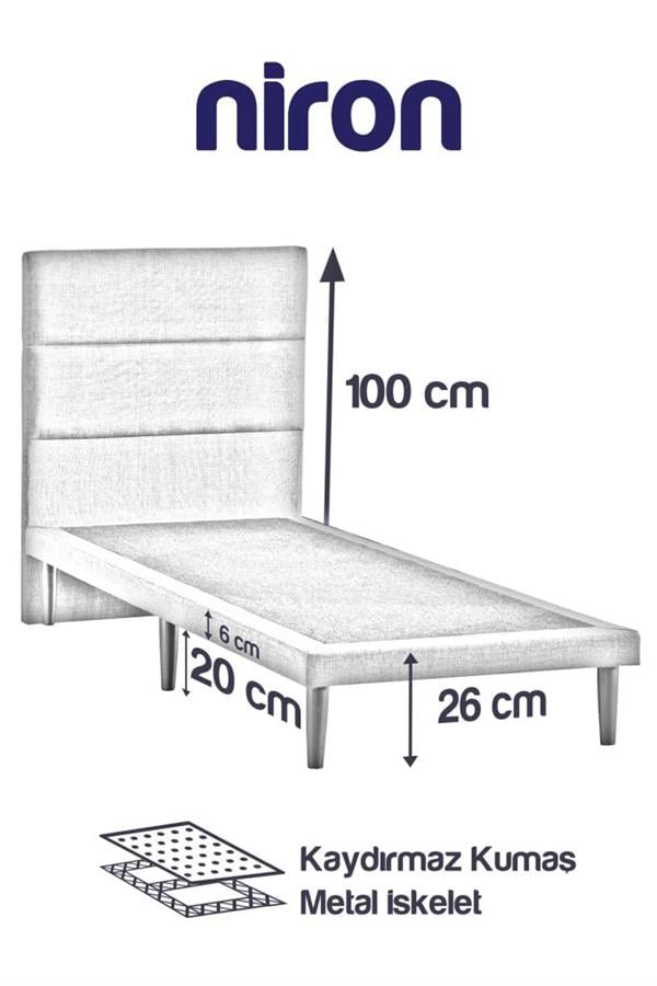 Niron Slim Baza ve Başlık Takımı 120x200 Tek Kişilik Gri Kumaş Kaplı Metal Karyola ve Başlık Seti