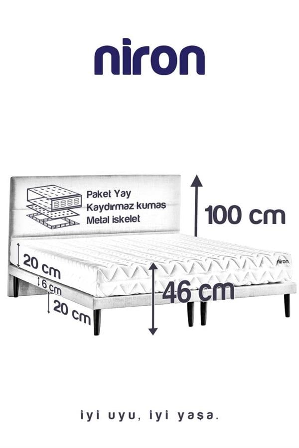 Niron Slim Pocket Yatak Seti 140x200 Çift Kişilik Paket Yaylı Yatak, Gri Metal Baza ve Başlık Takımı