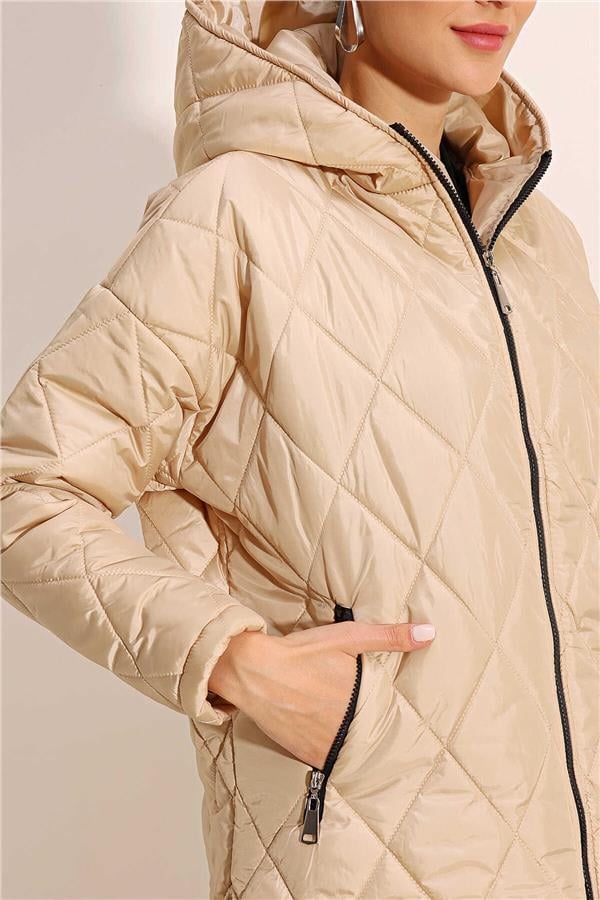 Bıgdart K26 5181 Bej Kadın Kapusonlu Kapıtone Mont