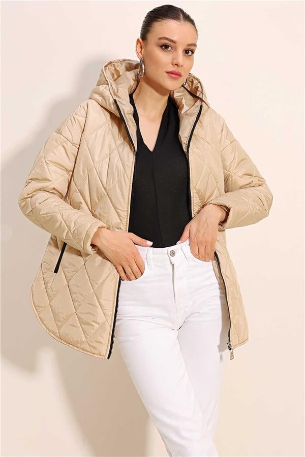 Bıgdart K26 5181 Bej Kadın Kapusonlu Kapıtone Mont
