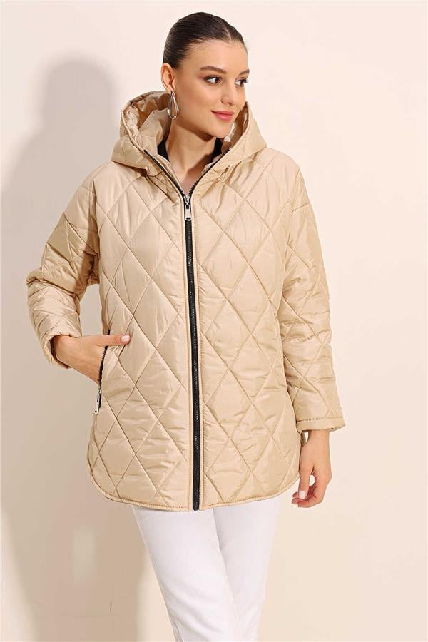 Bıgdart K26 5181 Bej Kadın Kapusonlu Kapıtone Mont