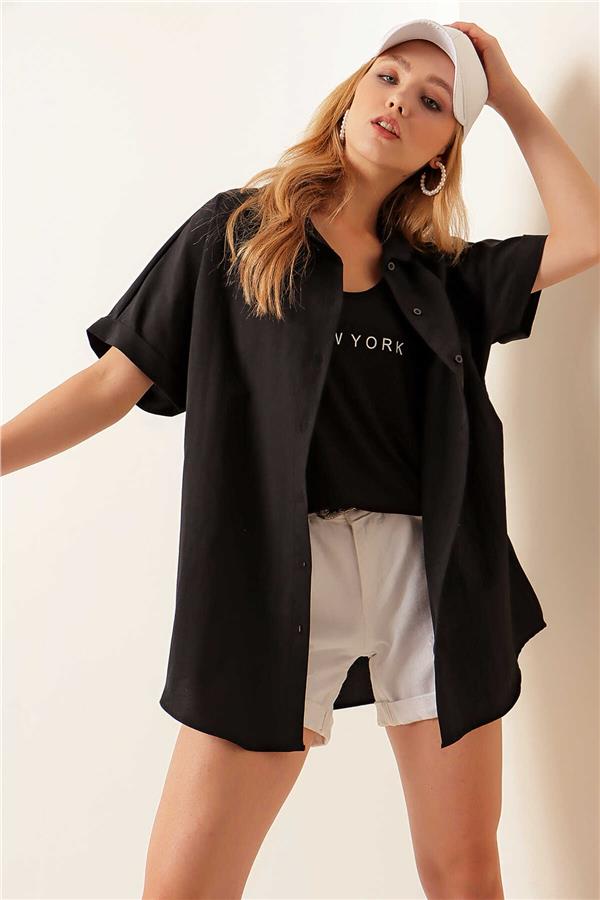 Bıgdart Y25 20120 Siyah Oversize Kısa Kollu Gömlek