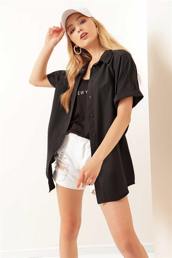 Bıgdart Y25 20120 Siyah Oversize Kısa Kollu Gömlek