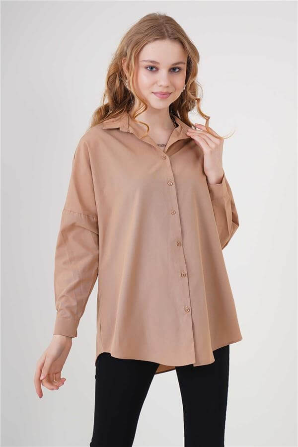 Bıgdart Y25 3900 Camel Kadın Oversıze Uzun Basıc Gomlek