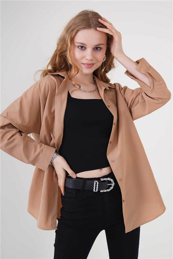 Bıgdart Y25 3900 Camel Kadın Oversıze Uzun Basıc Gomlek
