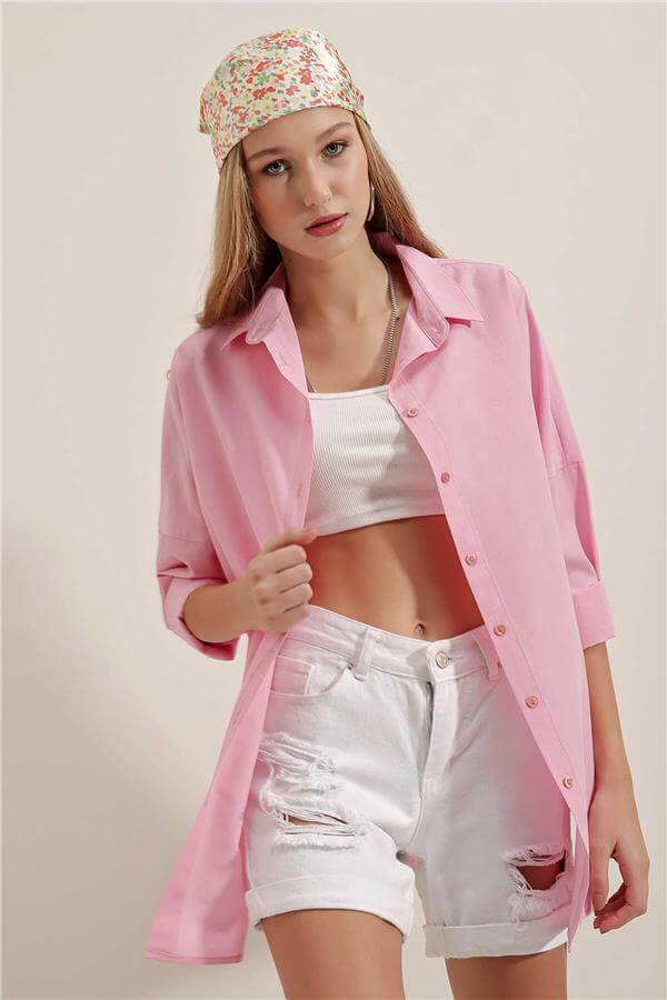 Bıgdart Y25 3900 Pembe Kadın Oversıze Uzun Basıc Gomlek