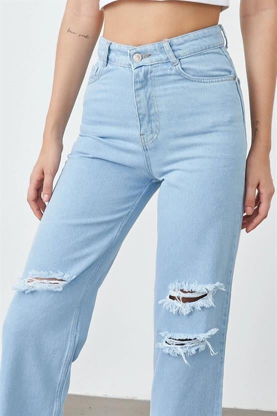 Blue Turtle 1001 Buz Mavi Kadın Duz Palazzo Bol Paca Pantolon Denim