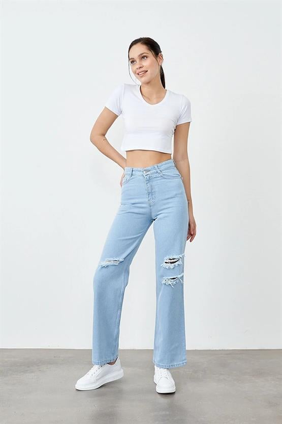 Blue Turtle 1001 Buz Mavi Kadın Duz Palazzo Bol Paca Pantolon Denim