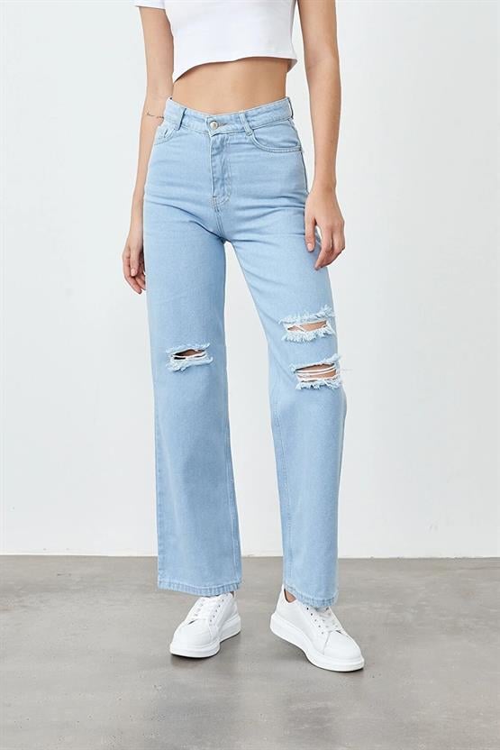 Blue Turtle 1001 Buz Mavi Kadın Duz Palazzo Bol Paca Pantolon Denim