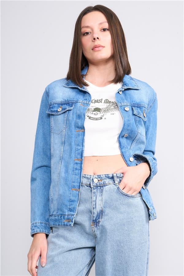 Blue Turtle Kc1940 Mavi Kadın Orta Boy Kot Ceket