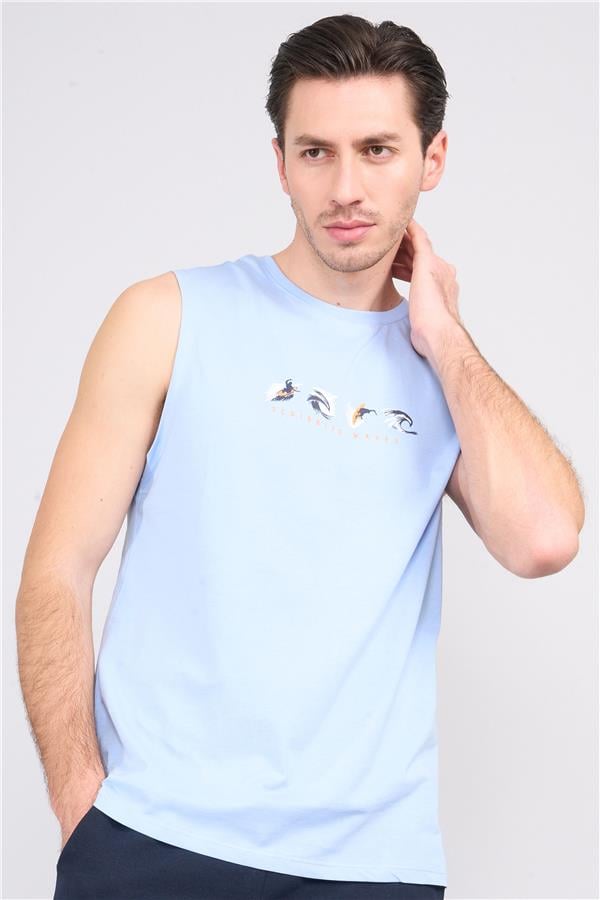 Çetinkaya Chester Polo 3831 Bisiklet Yaka 30/1 Penye Regular Baskılı Atlet Açık Mavi