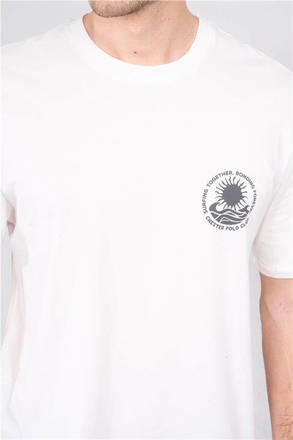 Çetinkaya Chester Polo 3833 Bisiklet Yaka 30/1 Penye Comfort Baskılı T-shirt Krem