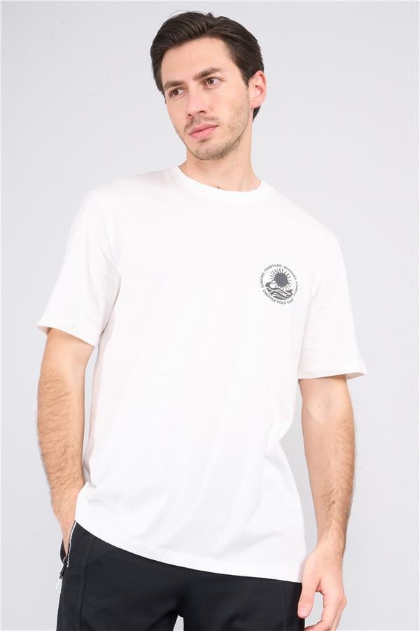 Çetinkaya Chester Polo 3833 Bisiklet Yaka 30/1 Penye Comfort Baskılı T-shirt Krem