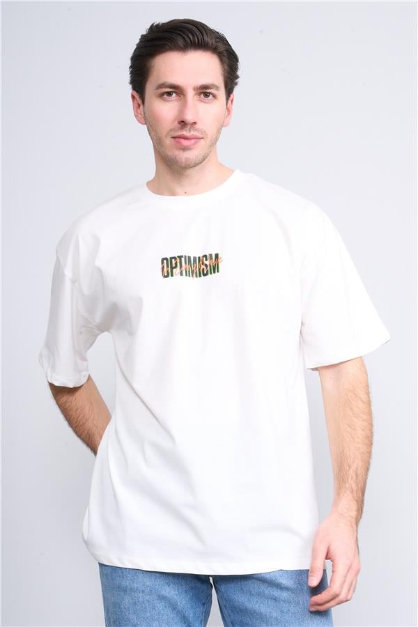 Çetinkaya Chester Polo 3835 Bisiklet Yaka 30/1 Penye Oversize Baskılı T-shirt Krem