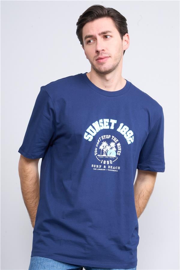 Çetinkaya Chester Polo 3838 Bisiklet Yaka 30/1 Penye Regular Baskılı T-shirt Açık Lacivert