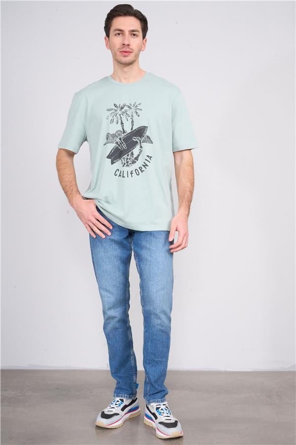 Çetinkaya Chester Polo 3844 Bisiklet Yaka 30/1 Penye Comfort Baskılı T-shirt Koyu Çağla