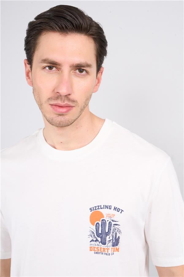 Çetinkaya Chester Polo 3853 Bisiklet Yaka 30/1 Penye Comfort Baskılı T-shirt Krem