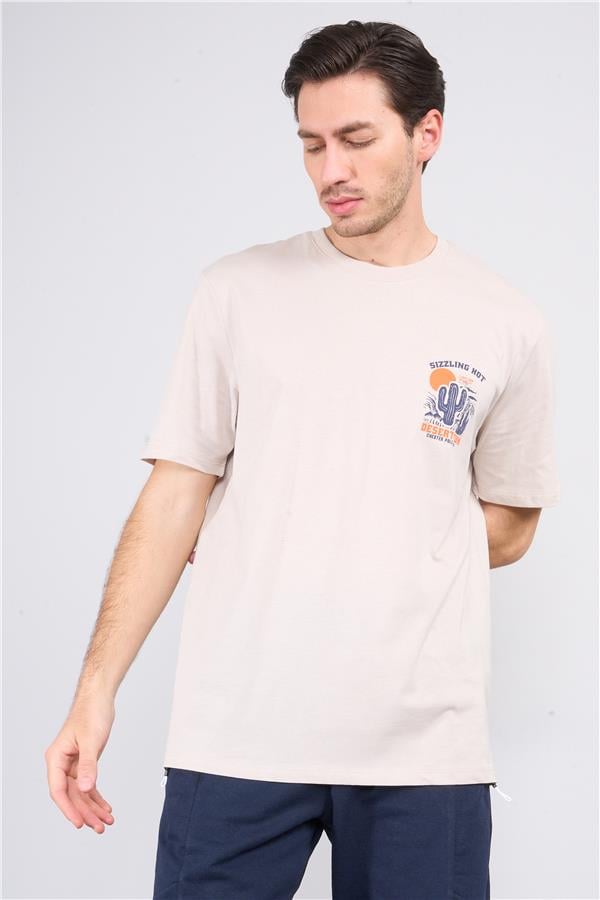 Çetinkaya Chester Polo 3853 Bisiklet Yaka 30/1 Penye Comfort Baskılı T-shirt Vizon
