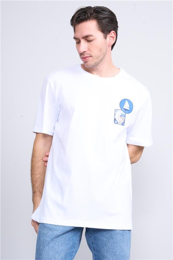 Çetinkaya Chester Polo 3858 Bisiklet Yaka 30/1 Penye Regular Baskılı T-shirt Beyaz
