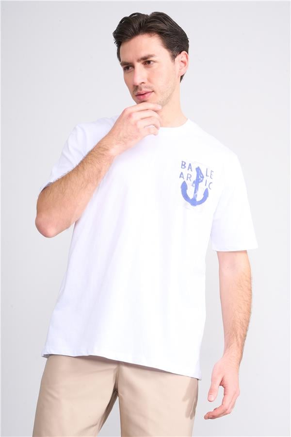 Çetinkaya Chester Polo 3859 Bisiklet Yaka 30/1 Penye Regular Baskılı T-shirt Beyaz