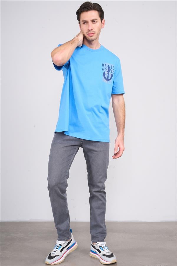 Çetinkaya Chester Polo 3859 Bisiklet Yaka 30/1 Penye Regular Baskılı T-shirt Mavi