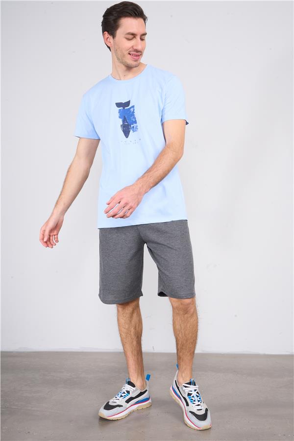 Çetinkaya Chester Polo 3861 Bisiklet Yaka 30/1 Penye Slimfit Baskılı T-shirt Mavi