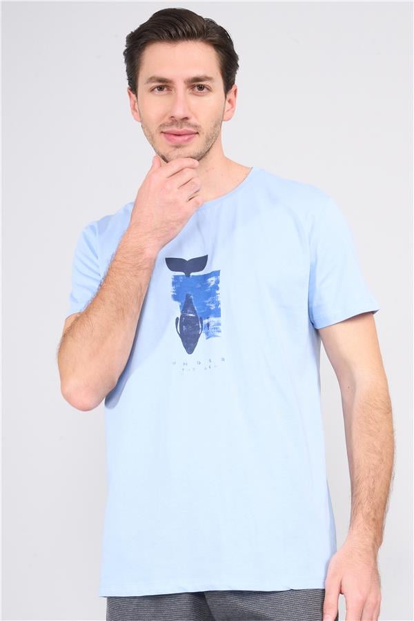 Çetinkaya Chester Polo 3861 Bisiklet Yaka 30/1 Penye Slimfit Baskılı T-shirt Mavi