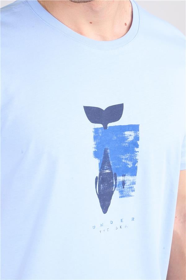 Çetinkaya Chester Polo 3861 Bisiklet Yaka 30/1 Penye Slimfit Baskılı T-shirt Mavi