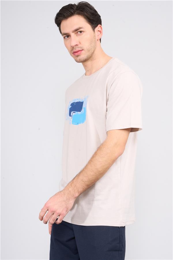 Çetinkaya Chester Polo 3864 Bisiklet Yaka 30/1 Penye Regular Baskılı T-shirt Vizon