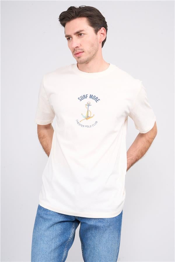 Çetinkaya Chester Polo 3865 Erkek Bisiklet Yaka 30/1 Penye Baskılı Regular T-shirt Krem