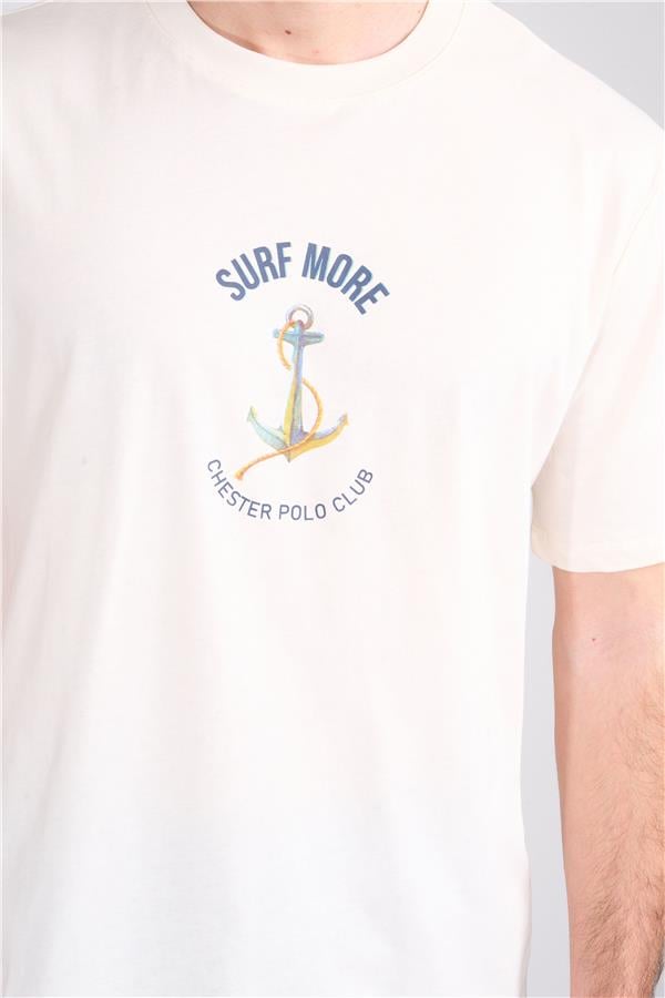 Çetinkaya Chester Polo 3865 Erkek Bisiklet Yaka 30/1 Penye Baskılı Regular T-shirt Krem