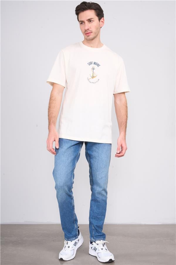 Çetinkaya Chester Polo 3865 Erkek Bisiklet Yaka 30/1 Penye Baskılı Regular T-shirt Krem