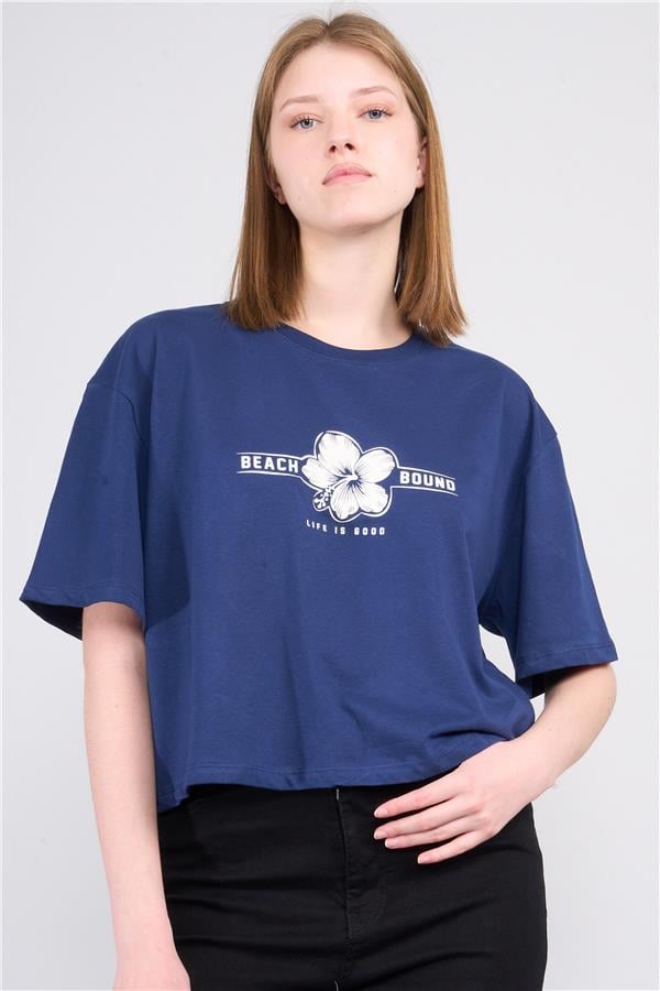 Çetinkaya Chester Polo 8249 Bayan Bisiklet Yaka 30/1 Penye Baskılı Oversize Crop T-shirt Lacivert