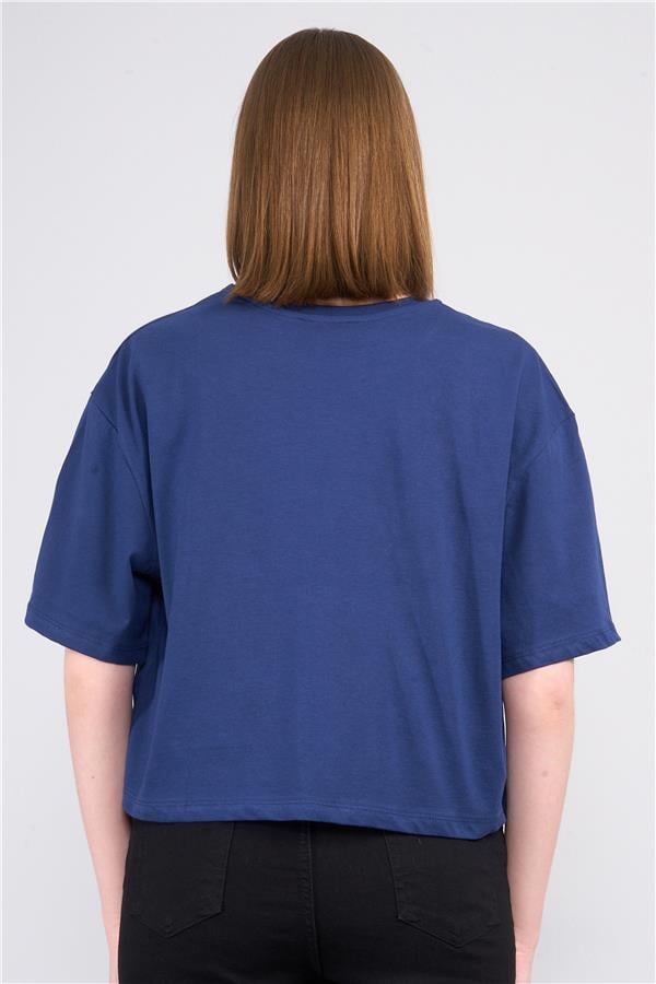 Çetinkaya Chester Polo 8249 Bayan Bisiklet Yaka 30/1 Penye Baskılı Oversize Crop T-shirt Lacivert