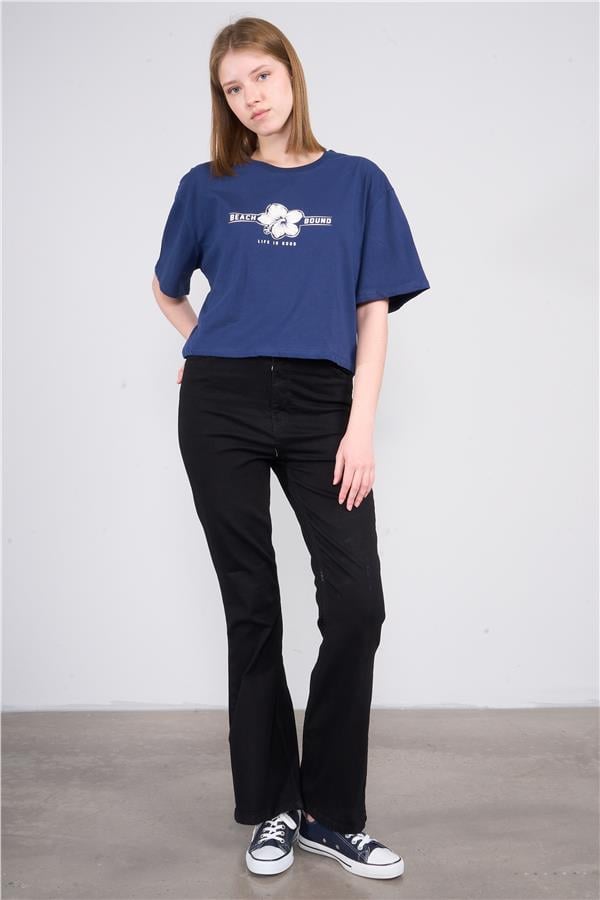 Çetinkaya Chester Polo 8249 Bayan Bisiklet Yaka 30/1 Penye Baskılı Oversize Crop T-shirt Lacivert