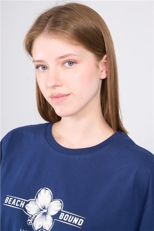 Çetinkaya Chester Polo 8249 Bayan Bisiklet Yaka 30/1 Penye Baskılı Oversize Crop T-shirt Lacivert