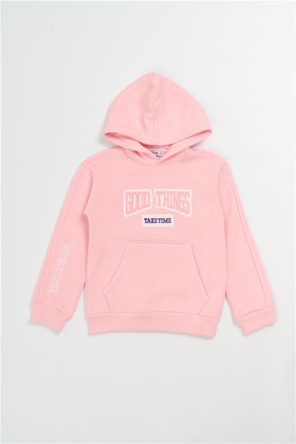 Çetinkaya Fitclub 22305 Kız Çocuk Kapüşonlu 3 İplik Şardonlu Sweatshirt 4-12 Yaş Şeker Pembe