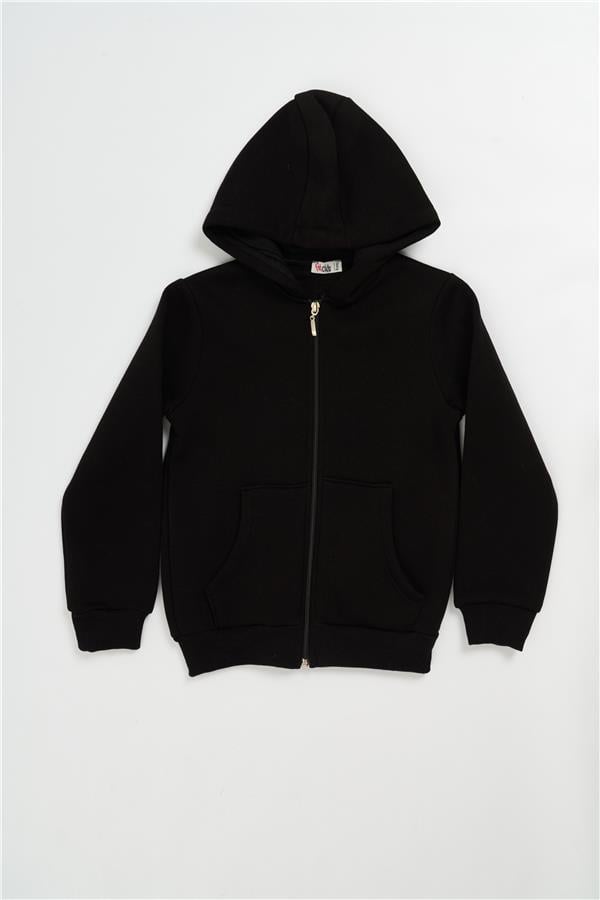 Çetinkaya Fitclub 22555 Erkek Çocuk Kapüşonlu Fermuarlı 3 İplik Şardonlu Sweatshirt 4-12 Yaş Siyah