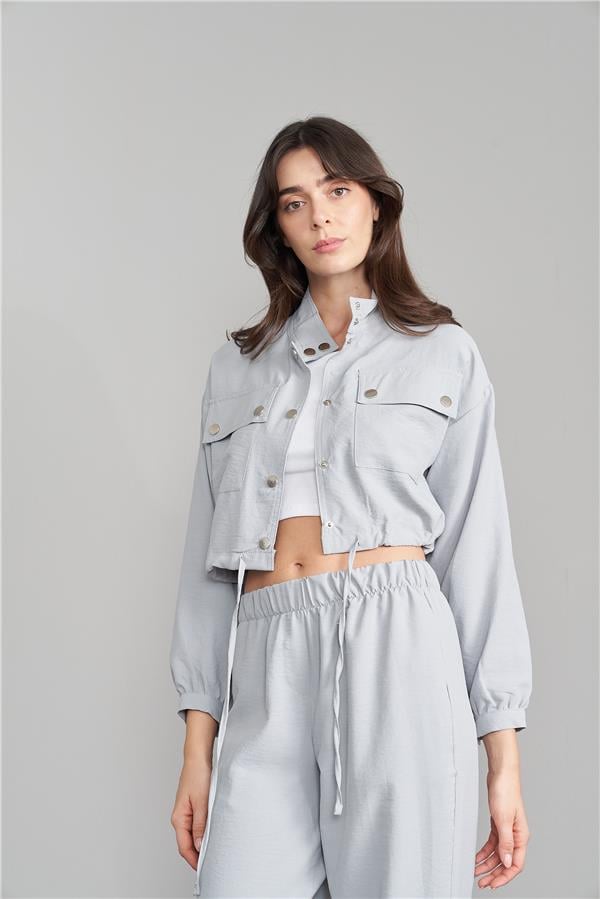 Çetinkaya Fithit 1134 Kadın Uzun Kol Crop Gömlek Jogger Pantolon İkili Takım Gri