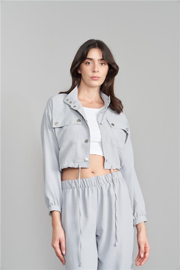Çetinkaya Fithit 1134 Kadın Uzun Kol Crop Gömlek Jogger Pantolon İkili Takım Gri