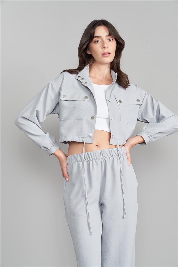 Çetinkaya Fithit 1134 Kadın Uzun Kol Crop Gömlek Jogger Pantolon İkili Takım Gri